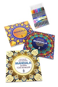 Mandala Büyükler İçin Boyama Seti - 3 Kitap ve 10'lu Kalem - Thumbnail